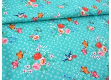 Baumwolle Märchen - Vogel Röschen - türkis